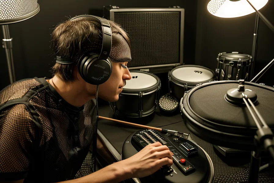 Nahaufnahme von Schlagzeugsticks auf einem Mesh-Head Pad eines E-Drums