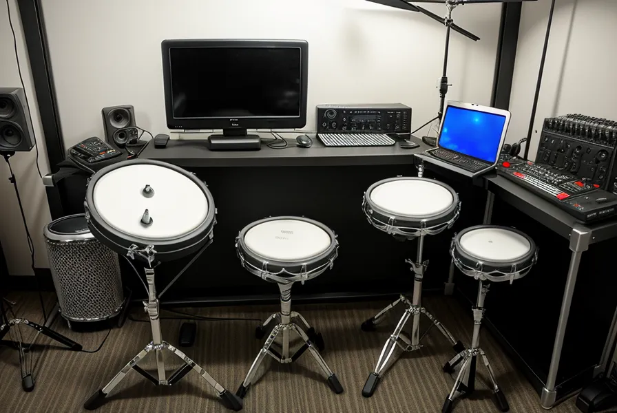 iPad mit Online-Schlagzeugkurs Feedback am E-Drum Rack montiert