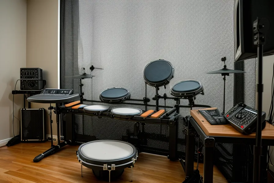iPad mit Online-Schlagzeugkurs montiert am Rack des Roland TD-17 E-Drum Sets