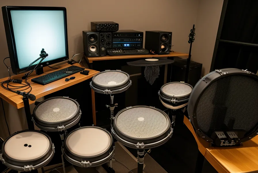 Beleuchtetes Display des Roland TD-17 Soundmoduls beim Üben mit Mesh Head Pads