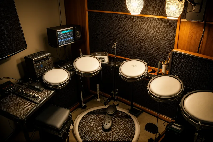 Online-Musikschule Kursvideo auf dem Tablet neben der Cajon im Homeoffice-Arbeitszimmer