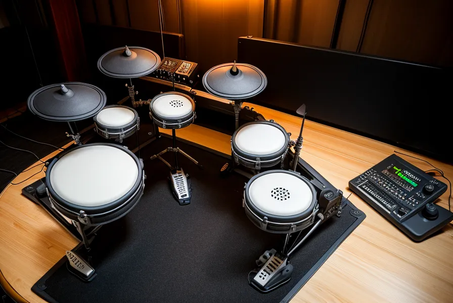 Kick-Pedal eines E-Drums auf einer Trittschallmatte im Heimbüro