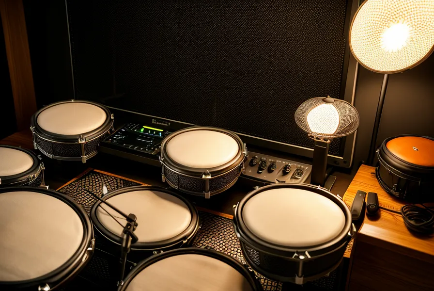 Laptop mit Percussion-Videolektionen auf dem Schreibtisch neben einer Cajon
