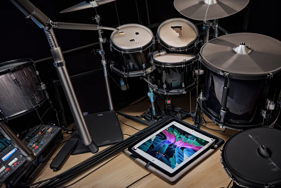 iPad mit Online-Schlagzeugkurs montiert an einem E-Drum Rack