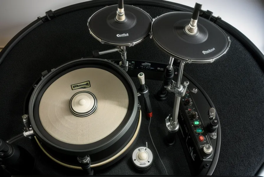 Nahaufnahme eines E-Drum-Moduls mit USB-Kabel zum PC – Verbindung für geringe Audio-Latenz