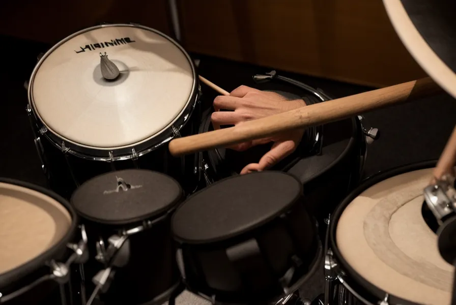Hände auf dem Mesh-Head-Pad eines E-Drums während einer Online-Drum-Lesson ohne Latenz