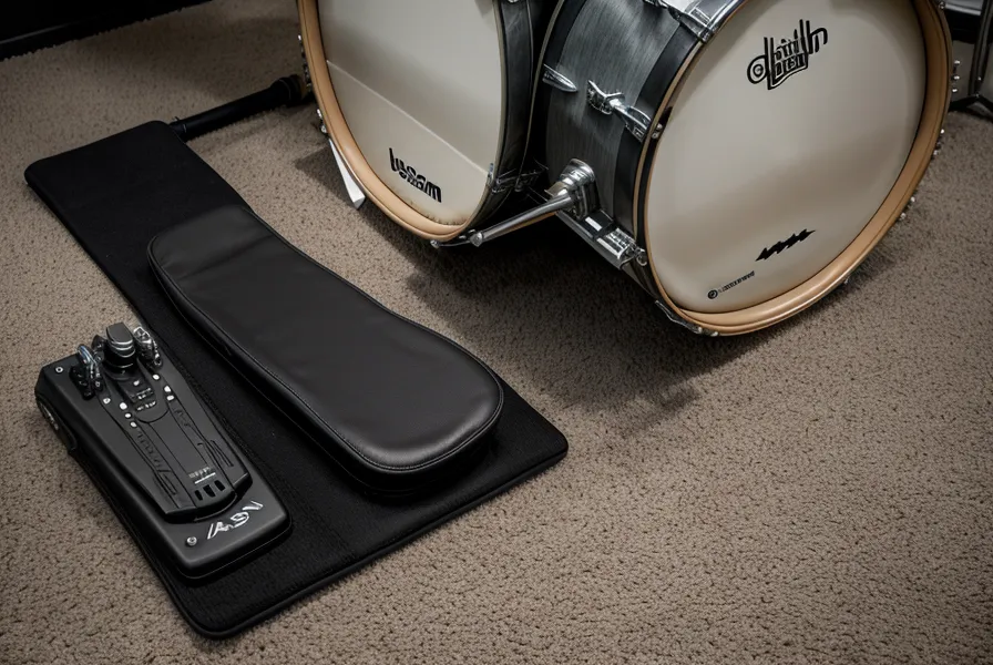 Nahaufnahme eines E-Drum Kick-Pedals beim Aufschlag — Ausgangspunkt für die Trittschall-Dämmung in der Mietwohnung