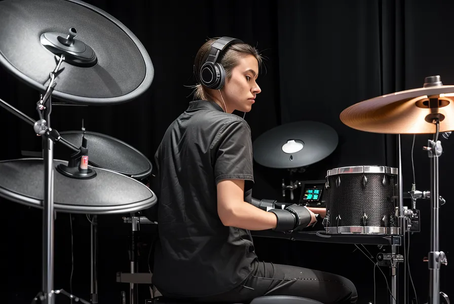 Schlagzeuger übt abends leise am E-Drum Set mit Kopfhörern nach der Trittschall-Dämmung