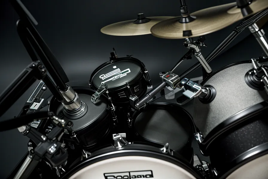 Nahaufnahme eines E-Drum-Moduls mit angeschlossenen Audiokabeln