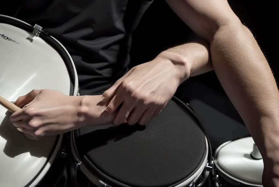Haptisches Metronom am Handgelenk eines Schlagzeugers beim Üben auf Mesh-Heads
