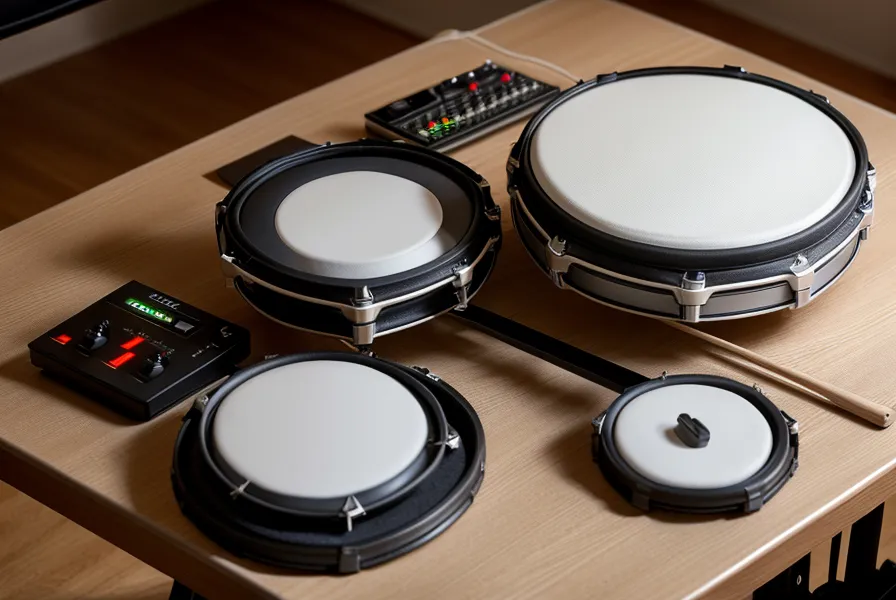 Nahaufnahme eines Mesh-Head Snare Pads mit Drumstick im warmen Lampenlicht