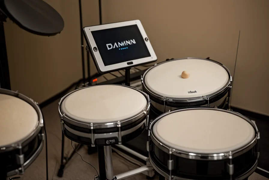 iPad mit Online-Schlagzeugkurs-Lektion am E-Drum Rack zur Kontrolle des eigenen Lernfortschritts