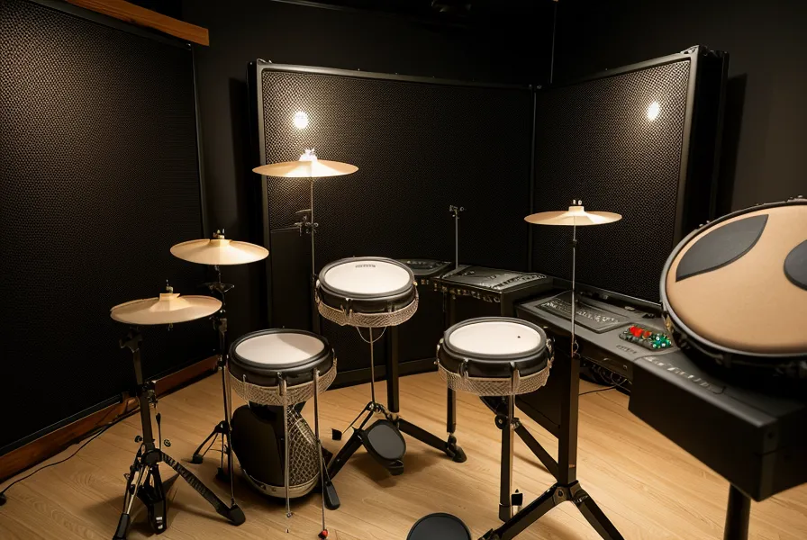 E-Drum-Übung am Abend: Nahaufnahme einer Mesh-Head Snare mit Drumsticks