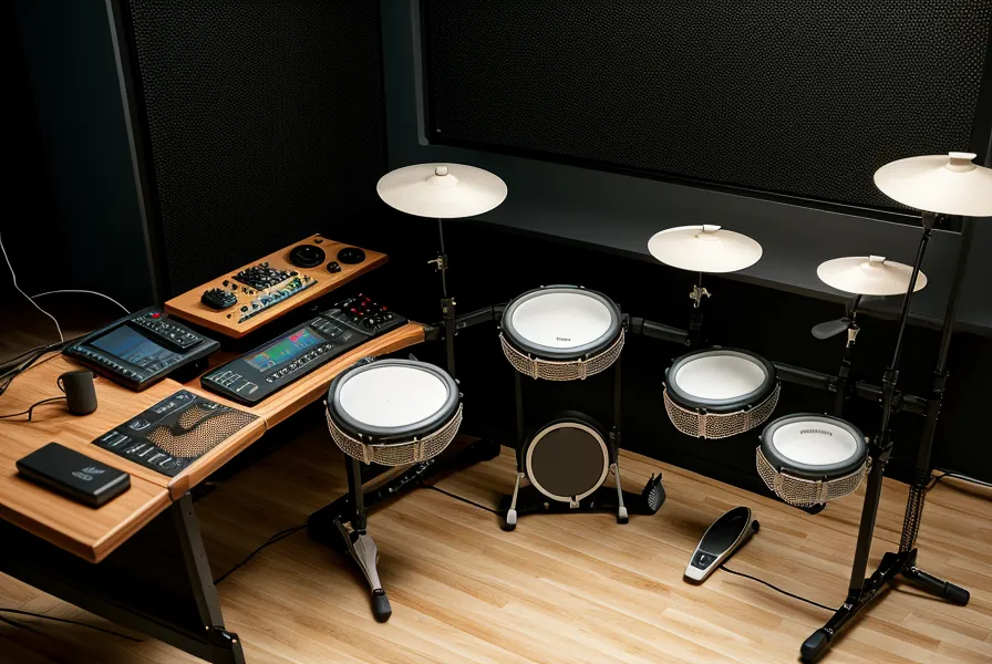 Hände eines Schlagzeugers beim Üben auf E-Drum Pads mit Kopfhörern.