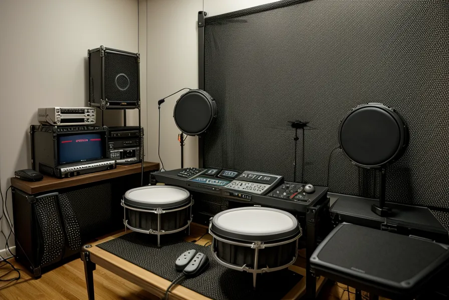 Nahaufnahme eines Roland Mesh-Head Snare Pads mit Schlagzeugstöcken