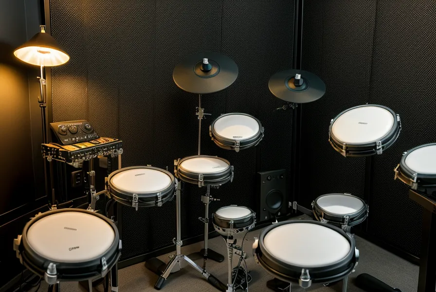 iPad mit Schlagzeug-Onlinekurs am E-Drum Rack montiert