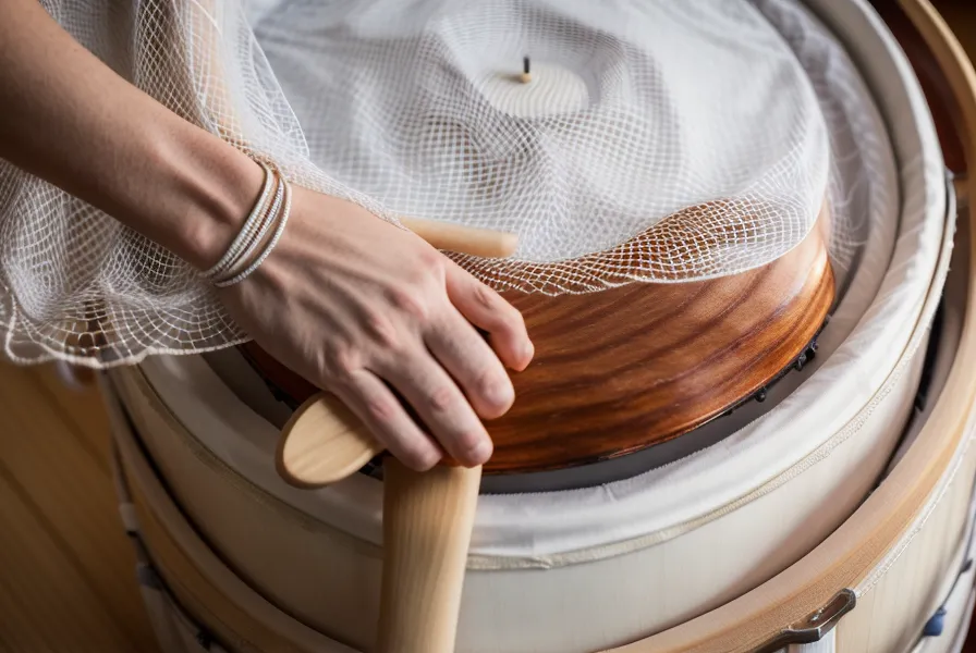 Nahaufnahme eines Drumsticks auf einem Mesh-Head Pad mit Lern-App im Hintergrund