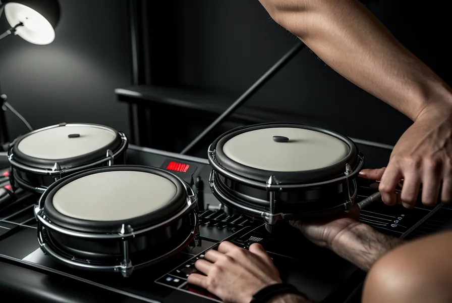 Hände eines Schlagzeugers am E-Drum Modul mit Kopfhörerkabeln im Fokus