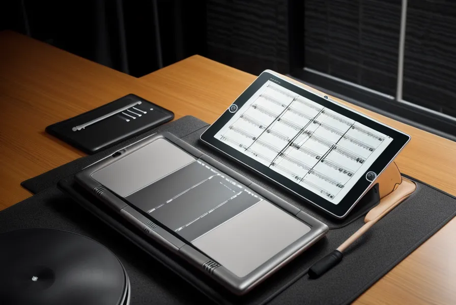 Tablet mit Noten-Darstellung an einem E-Drum Rack während eines Online-Kursvergleichs