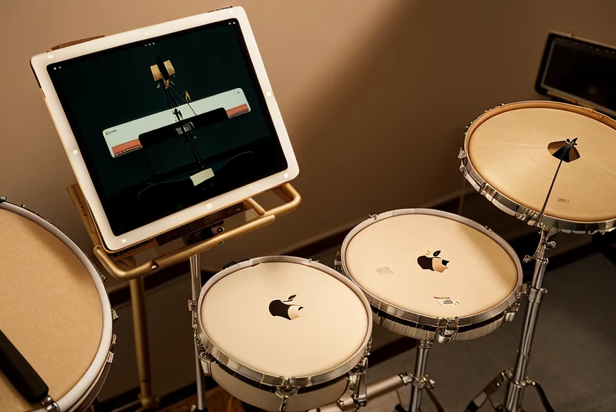 iPad mit Online-Schlagzeugkurs-Lektion auf dem Notenständer vor dem E-Drum-Set