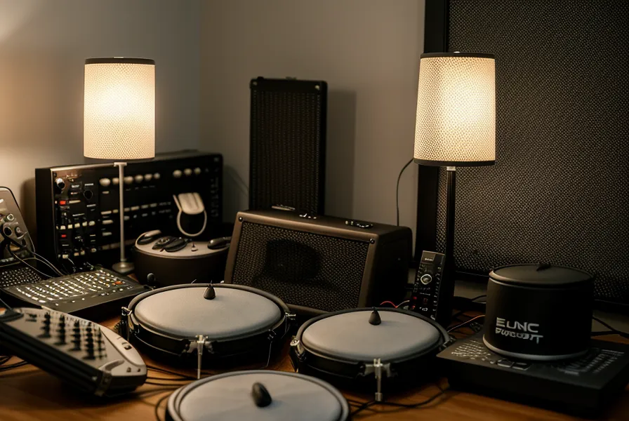 Nahaufnahme des Roland TD-17 Moduls und eines Mesh-Head Pads bei schwachem Licht