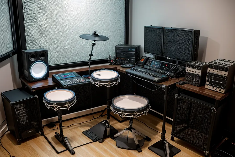 Ein Tablet mit einem strukturierten Online-Schlagzeugkurs montiert an einem E-Drum Rack