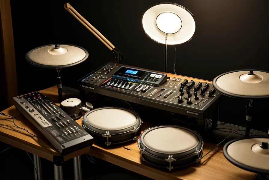 Nahaufnahme des Roland TD-17 Moduls mit angeschlossenem iPad für Online-Kurse