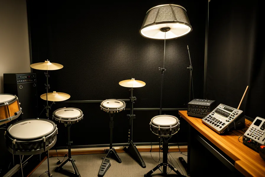 Studiokopfhörer und Schlagzeugsticks auf einem Hocker vor dem E-Drum Set