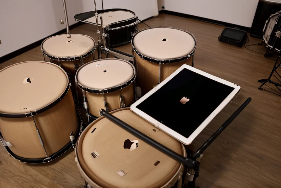 iPad mit Online-Schlagzeugkurs-Lektion über einem E-Drum Modul montiert