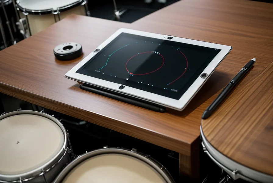 Detailaufnahme einer interaktiven Schlagzeug-Lernsoftware auf einem Tablet-Bildschirm