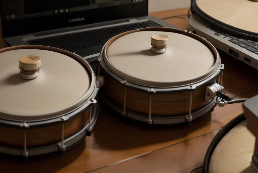 Laptop mit Schlagzeug-Onlinekurs neben einem E-Drum Modul