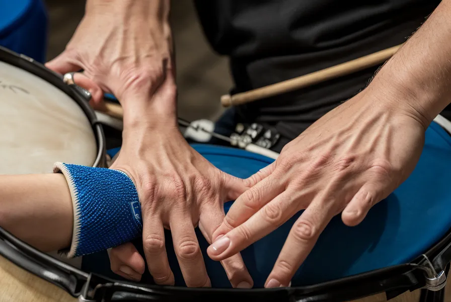 Nahaufnahme von Schlagzeugstöcken auf einem E-Drum Pad mit Mesh-Head.
