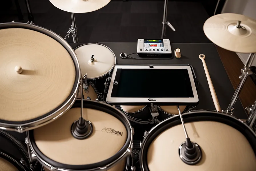 Ein iPad mit einem Online-Schlagzeugkurs montiert an einem E-Drum Rack.