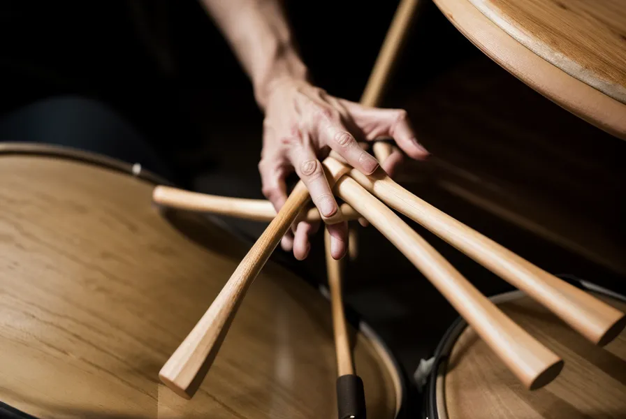 Nahaufnahme von Schlagzeugsticks auf einem Mesh-Head Pad eines E-Drums.