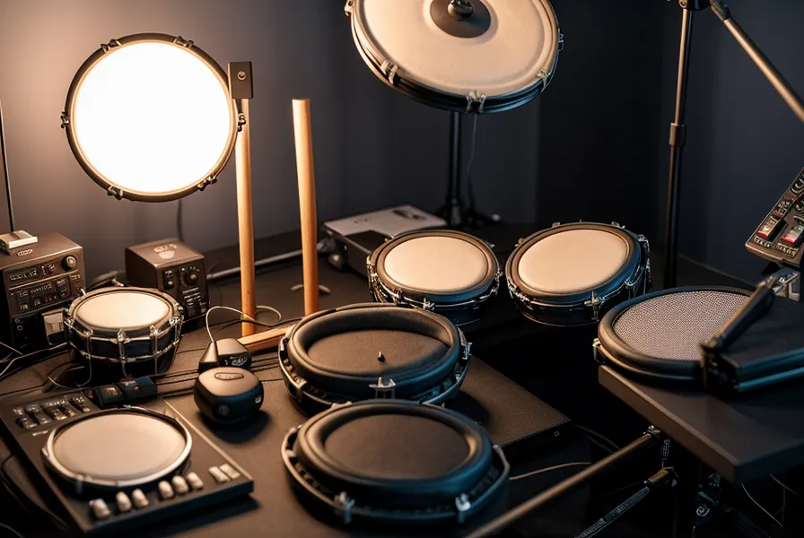 Nahaufnahme von Schlagzeugsticks auf einem Mesh Head E-Drum Pad