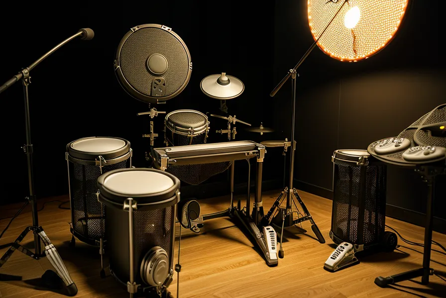 Perspektive eines Schlagzeugers mit Kopfhörern am E-Drum Set