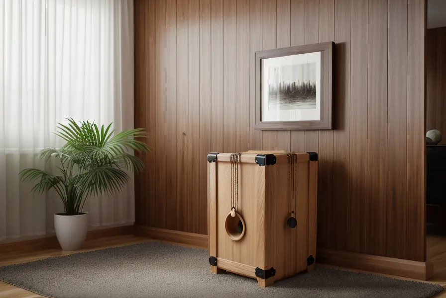 Eine hochwertige Holz-Cajon auf einem Teppich in einer modernen Wohnung.
