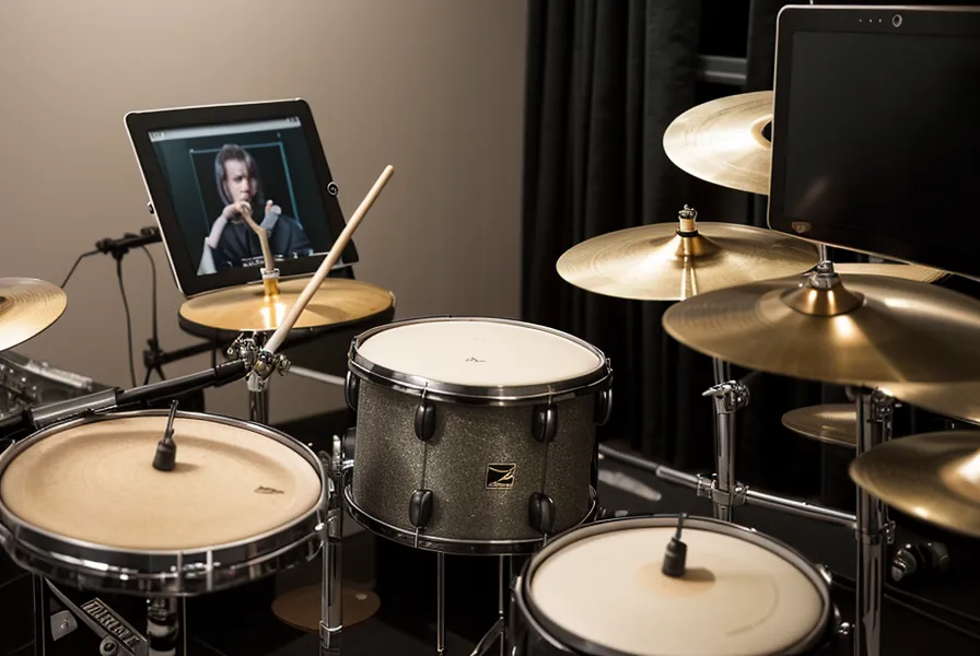Tablet mit Online-Schlagzeugkurs auf einem Notenständer neben dem Instrument.