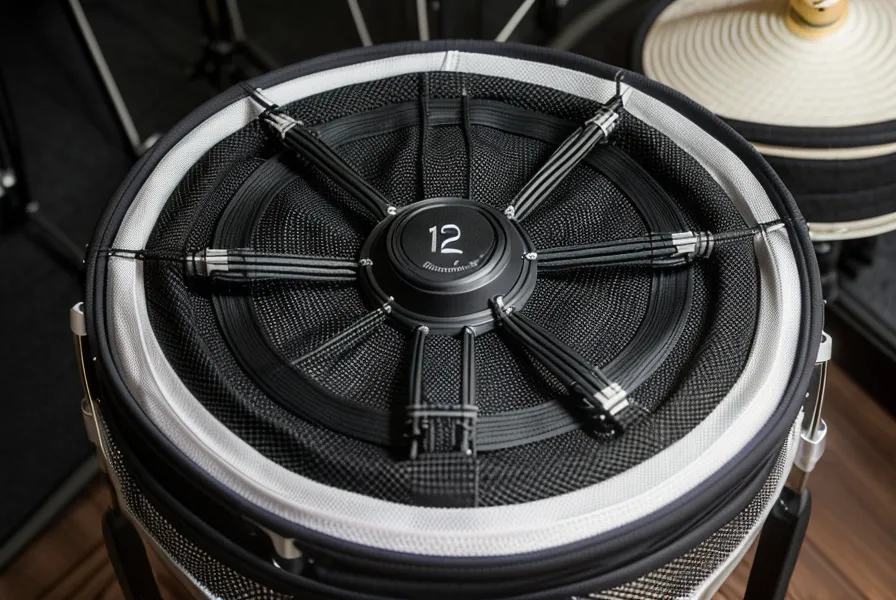 Nahaufnahme eines 12-Zoll Mesh-Head Snare Pads und Hi-Hat Pedals für Koordinationstraining.