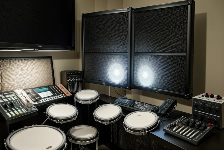 iPad mit Online-Schlagzeugkurs montiert an einem E-Drum Rack