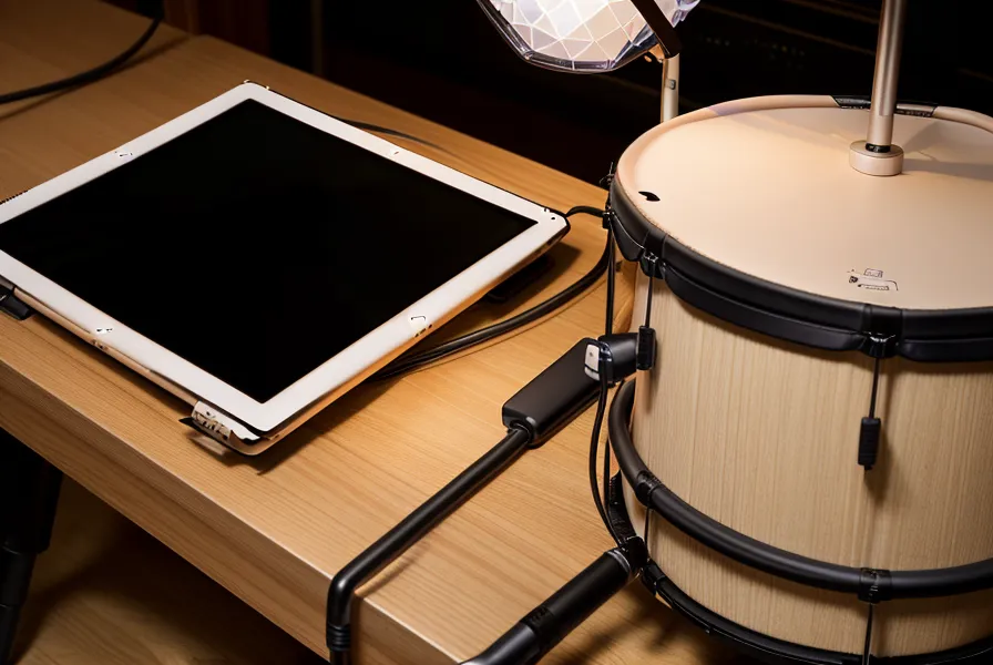 iPad mit Schlagzeug-Lern-App am E-Drum Set montiert