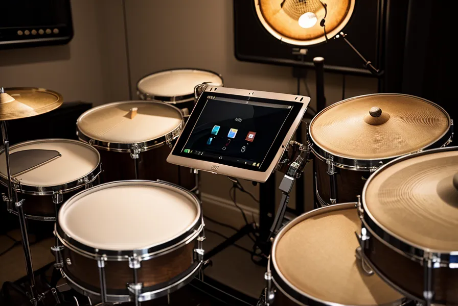 iPad mit Online-Schlagzeugkurs montiert an einem E-Drum Rack