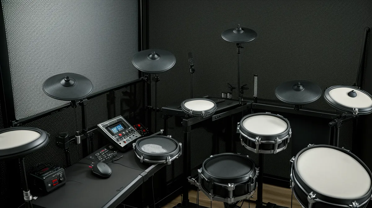 Schlagzeug üben in der Mietwohnung mit Kopfhörern und Mesh-Heads