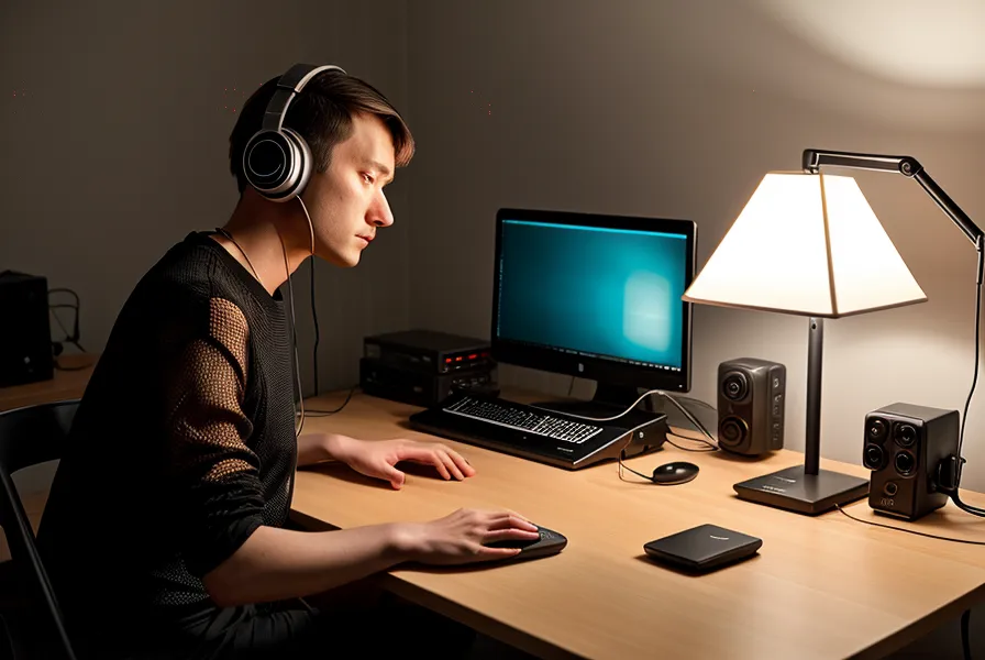 Schlagzeuger mit Studio-Kopfhörern übt abends leise am E-Drum Set im Reihenhaus