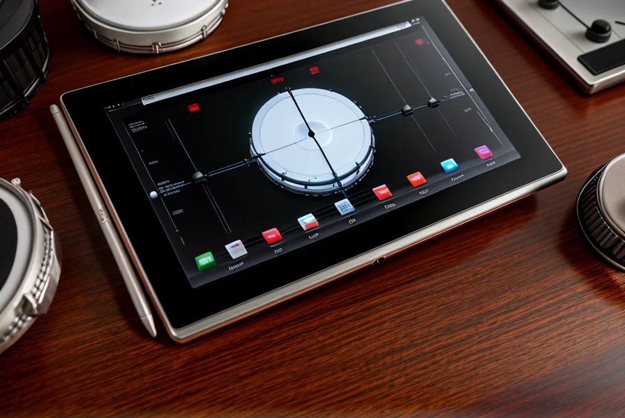 iPad mit Online-Schlagzeugkurs neben einem Roland Drum-Modul auf einem Stativ