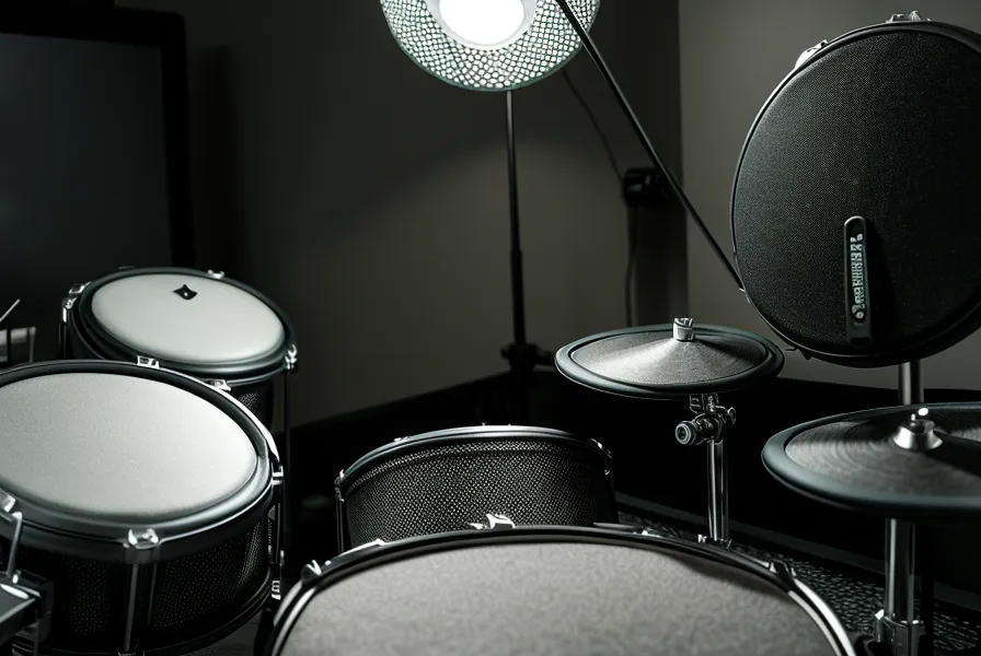 Drumsticks liegen auf dem Mesh-Gewebe eines Snare-Pads neben Kopfhörerkabeln