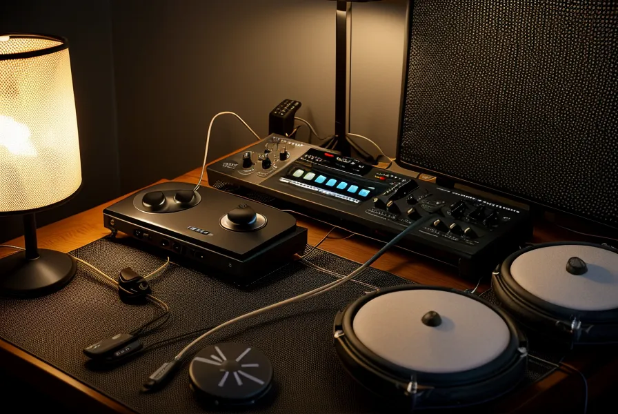 Tablet am E-Drum-Rack mit Videoplayer-Steuerung und Drumsticks