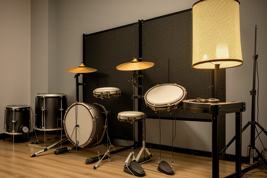 Detailaufnahme von Mesh-Head-Snare und Bass-Drum-Pedal mit Studiokopfhörern