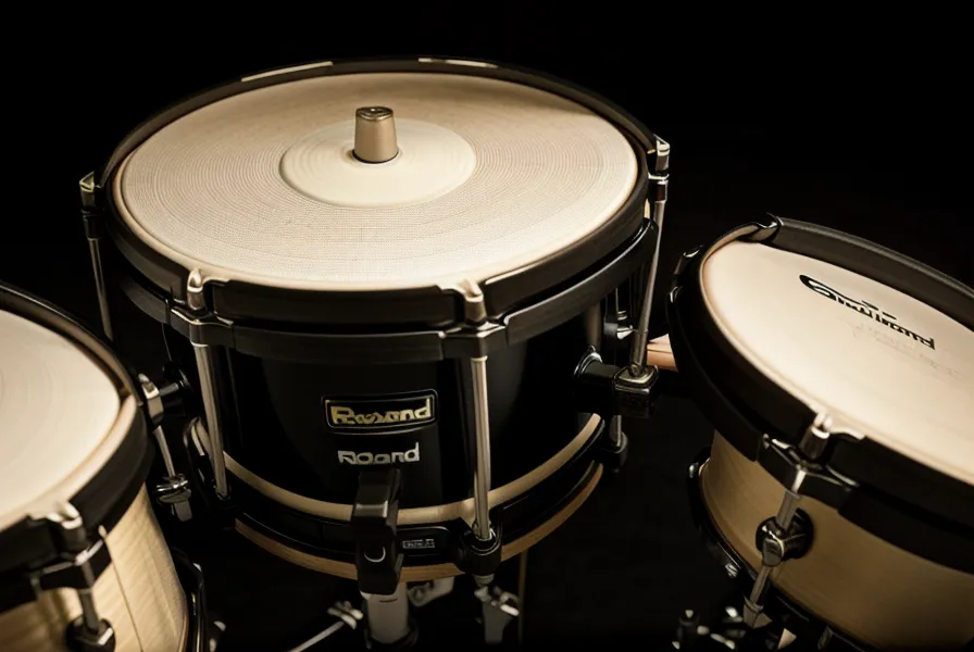 Nahaufnahme des Roland TD-17 Drum-Moduls mit Drumsticks auf einem Mesh-Head