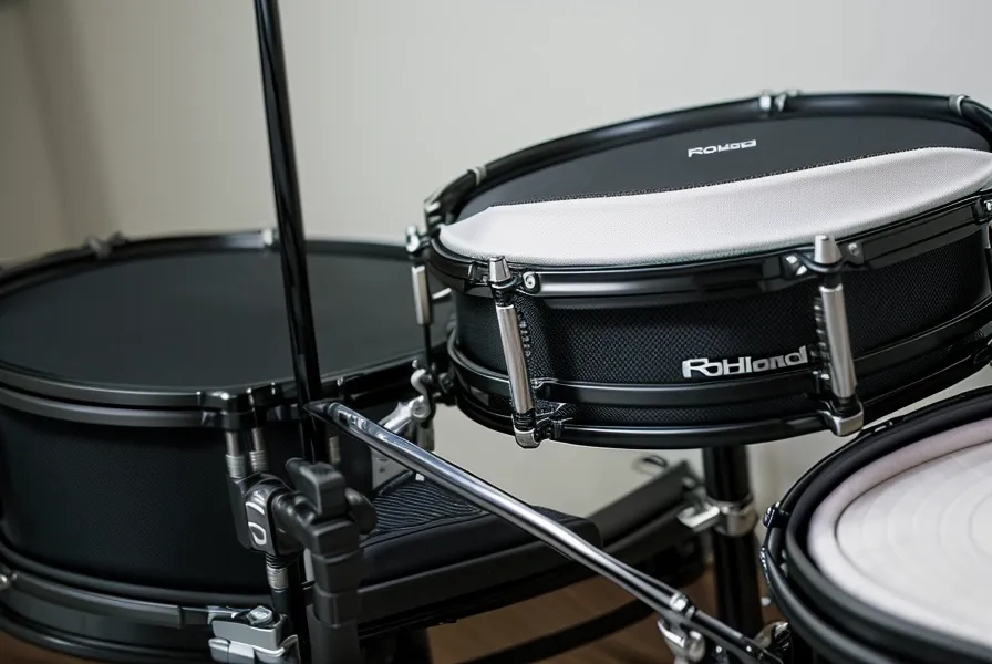 Nahaufnahme von Schlagzeugsticks auf einem Mesh-Head E-Drum Pad mit iPad im Hintergrund